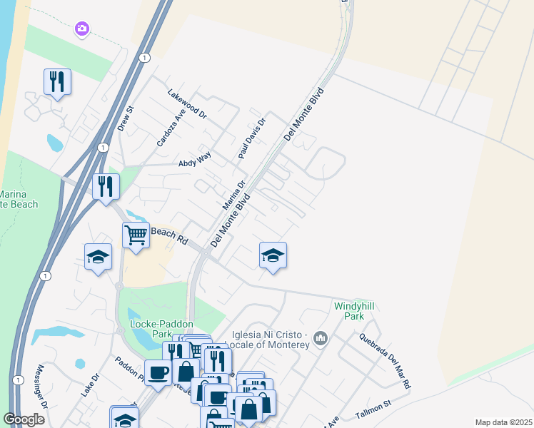 map of restaurants, bars, coffee shops, grocery stores, and more near 3306 Del Monte Boulevard in Marina