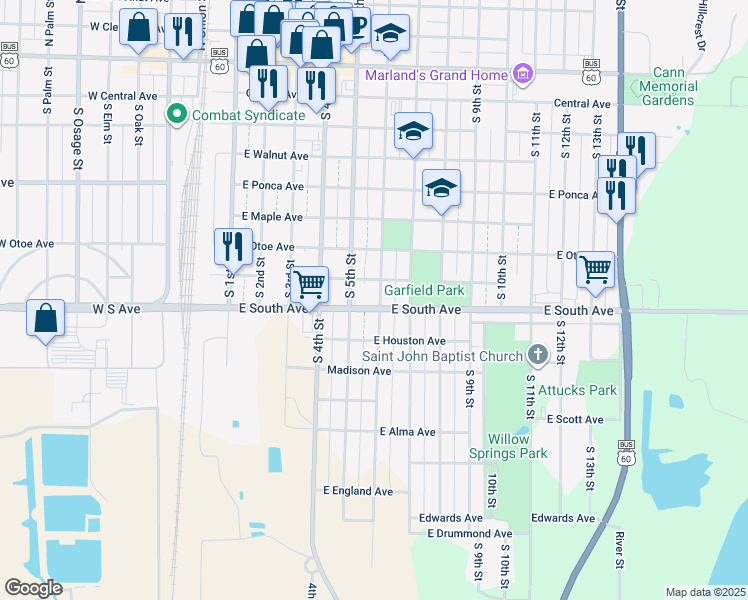 map of restaurants, bars, coffee shops, grocery stores, and more near 805 South 5th Street in Ponca City