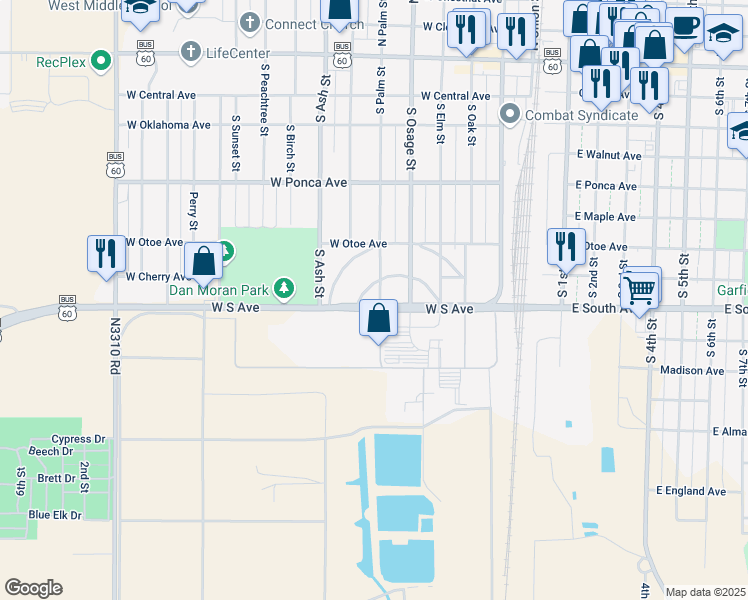 map of restaurants, bars, coffee shops, grocery stores, and more near 609 South Palm Street in Ponca City
