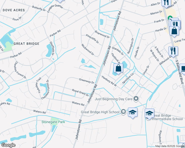 map of restaurants, bars, coffee shops, grocery stores, and more near 512 Hanbury Road West in Chesapeake