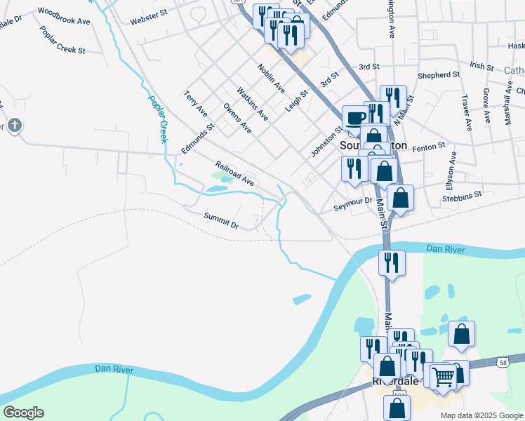 map of restaurants, bars, coffee shops, grocery stores, and more near Tobacco Heritage Trail in South Boston