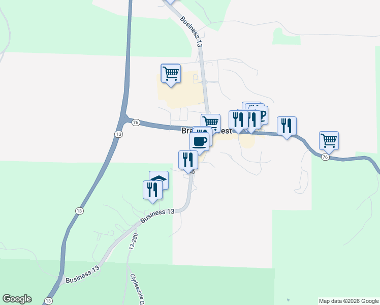 map of restaurants, bars, coffee shops, grocery stores, and more near 17921-17935 Missouri Business 13 in Branson West