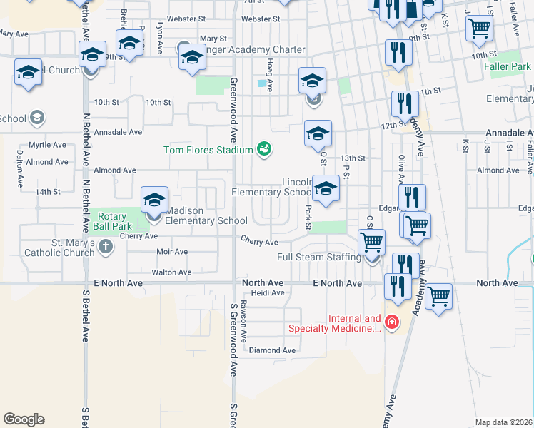 map of restaurants, bars, coffee shops, grocery stores, and more near 1417 Hoag Avenue in Sanger