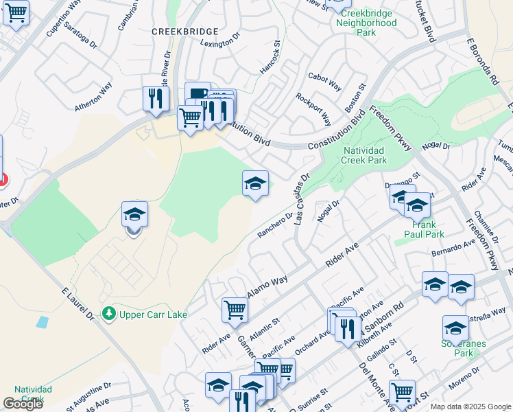 map of restaurants, bars, coffee shops, grocery stores, and more near 680 Las Casitas Drive in Salinas