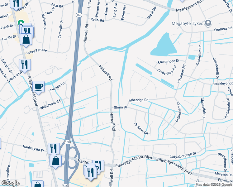 map of restaurants, bars, coffee shops, grocery stores, and more near 813 Hillwell Road in Chesapeake
