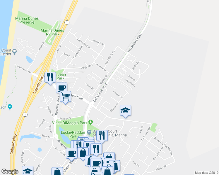 map of restaurants, bars, coffee shops, grocery stores, and more near 3306 Del Monte Boulevard in Marina