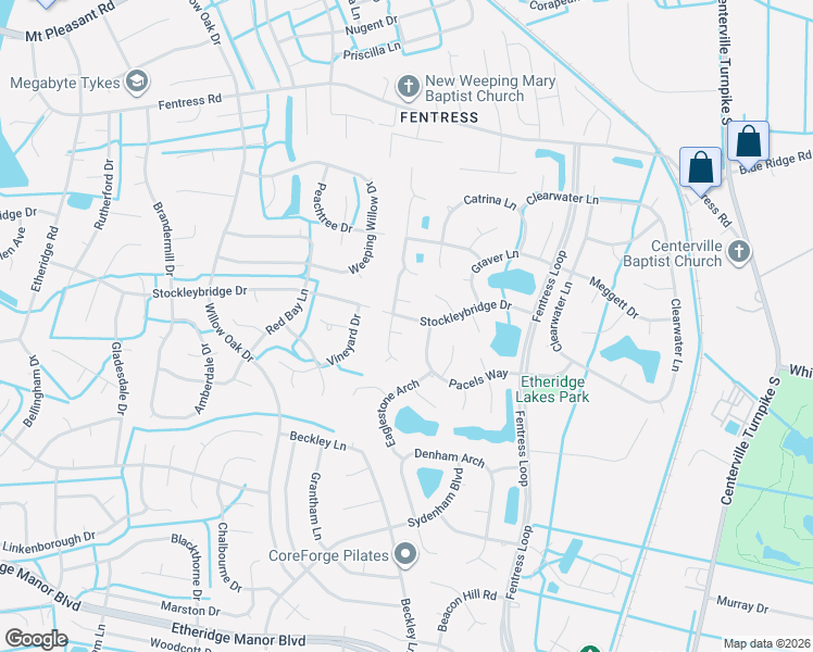 map of restaurants, bars, coffee shops, grocery stores, and more near 1001 Treasure Way in Chesapeake