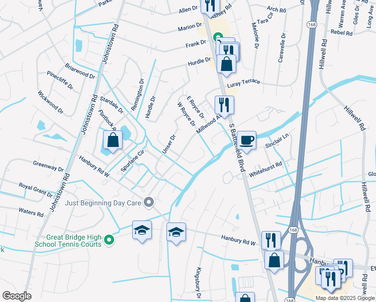 map of restaurants, bars, coffee shops, grocery stores, and more near 228 Millwood Avenue in Chesapeake