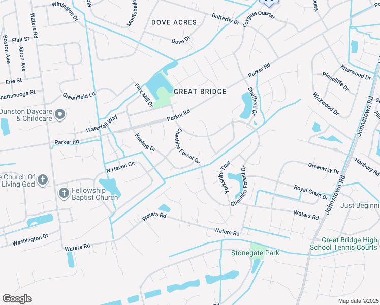 map of restaurants, bars, coffee shops, grocery stores, and more near 321 Cheshire Forest Drive in Chesapeake