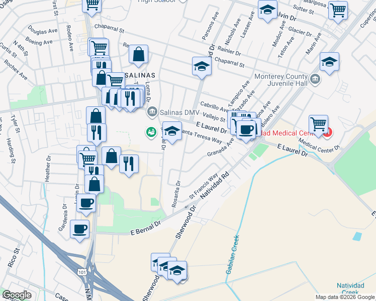 map of restaurants, bars, coffee shops, grocery stores, and more near 27 Madonna Drive in Salinas