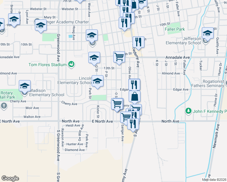 map of restaurants, bars, coffee shops, grocery stores, and more near 1505 Edgar Avenue in Sanger