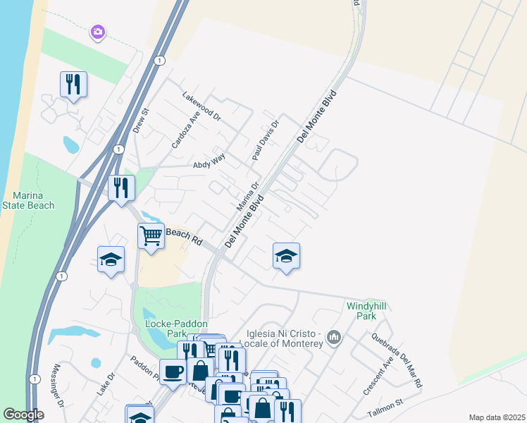 map of restaurants, bars, coffee shops, grocery stores, and more near 3300 Del Monte Boulevard in Marina