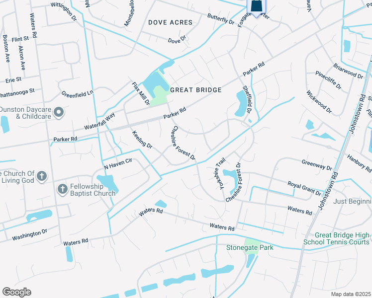 map of restaurants, bars, coffee shops, grocery stores, and more near 321 Cheshire Forest Drive in Chesapeake