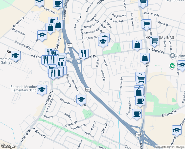map of restaurants, bars, coffee shops, grocery stores, and more near 1185 Monroe Street in Salinas