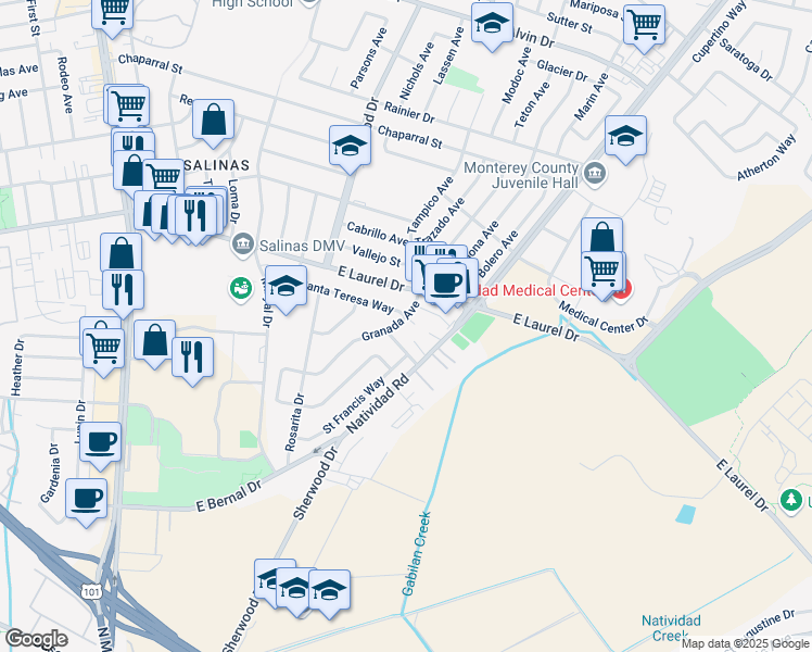 map of restaurants, bars, coffee shops, grocery stores, and more near 8 Santa Teresa Circle in Salinas