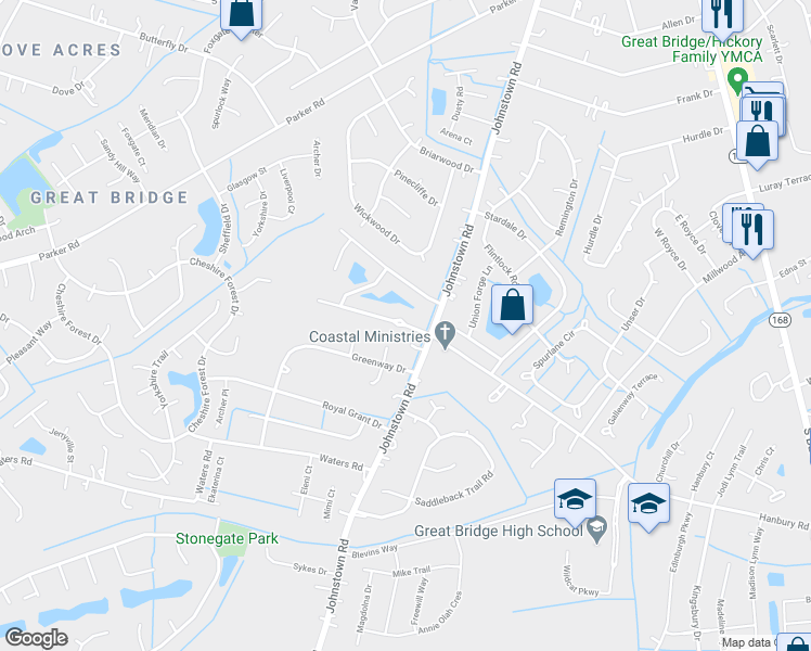 map of restaurants, bars, coffee shops, grocery stores, and more near 512 Hanbury Road West in Chesapeake