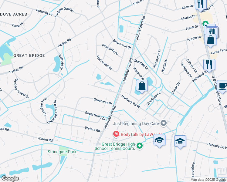 map of restaurants, bars, coffee shops, grocery stores, and more near 504 Hanbury Road West in Chesapeake