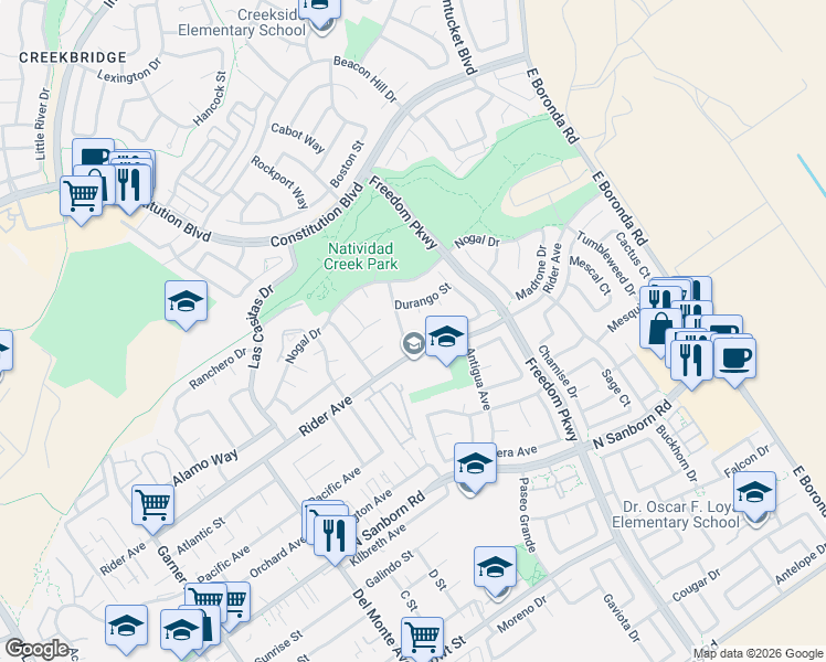 map of restaurants, bars, coffee shops, grocery stores, and more near 751 Yucatan Way in Salinas