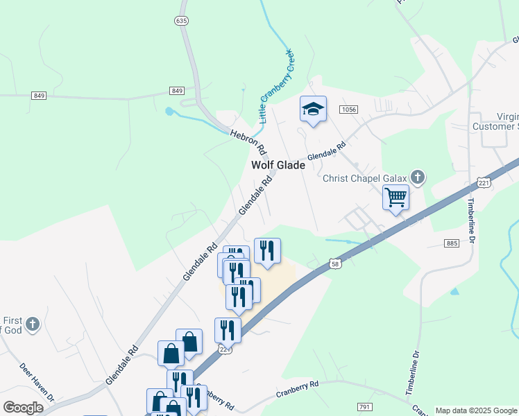 map of restaurants, bars, coffee shops, grocery stores, and more near 109 Meltons Run in Galax