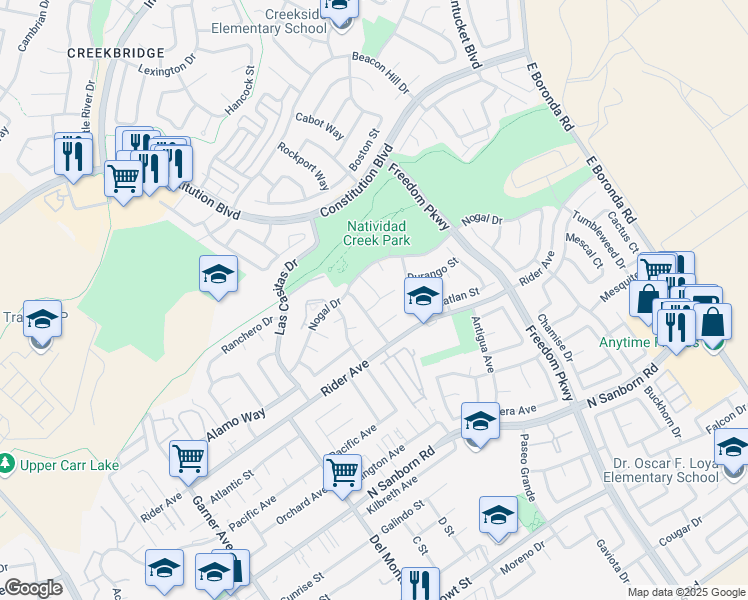 map of restaurants, bars, coffee shops, grocery stores, and more near 1326 Manzano Way in Salinas