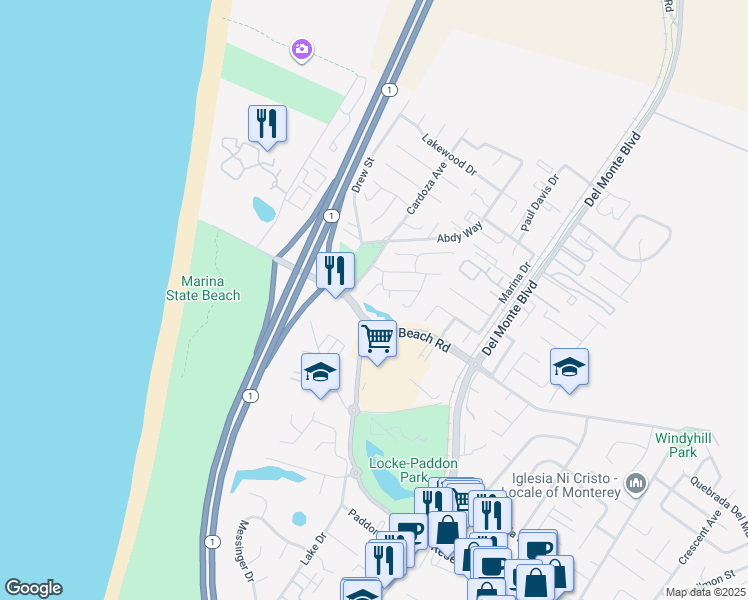 map of restaurants, bars, coffee shops, grocery stores, and more near 3242 Coral Way in Marina