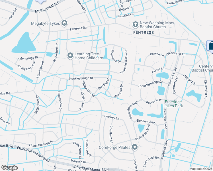 map of restaurants, bars, coffee shops, grocery stores, and more near 1015 Red Bay Lane in Chesapeake