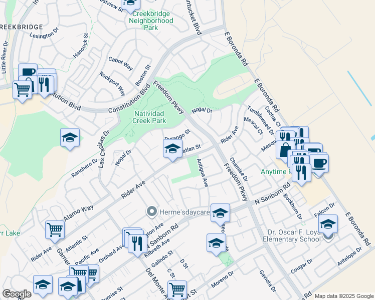 map of restaurants, bars, coffee shops, grocery stores, and more near 1335 Mazatlan Street in Salinas