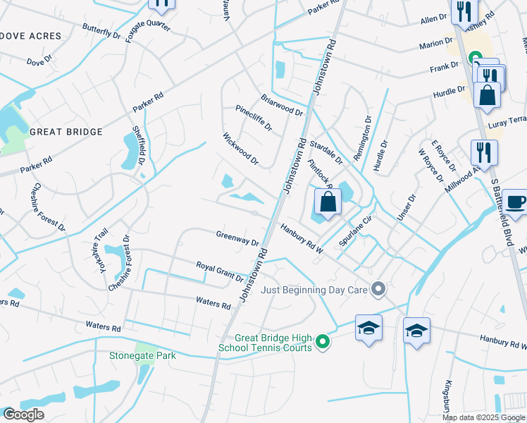 map of restaurants, bars, coffee shops, grocery stores, and more near 504 Hanbury Road West in Chesapeake