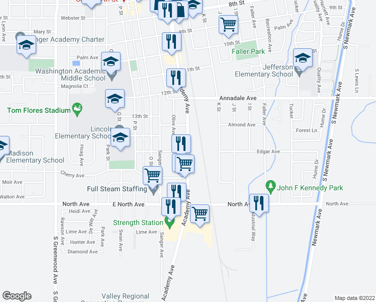 map of restaurants, bars, coffee shops, grocery stores, and more near Academy Avenue & Edgar Avenue in Sanger