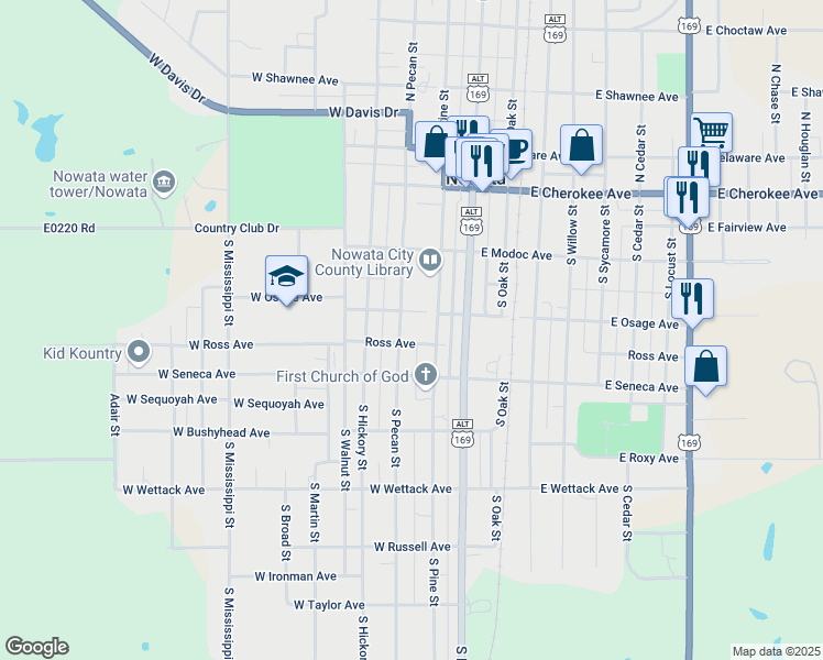 map of restaurants, bars, coffee shops, grocery stores, and more near 300 South Pine Street in Nowata