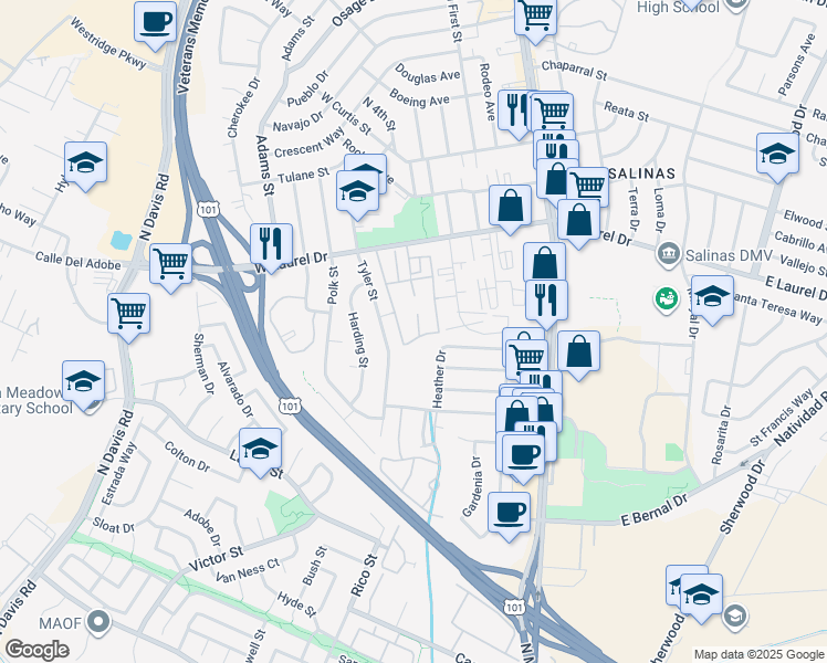 map of restaurants, bars, coffee shops, grocery stores, and more near 406 Tyler Place in Salinas