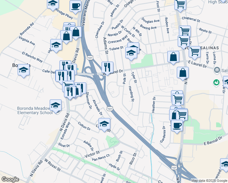 map of restaurants, bars, coffee shops, grocery stores, and more near 1185 Monroe Street in Salinas