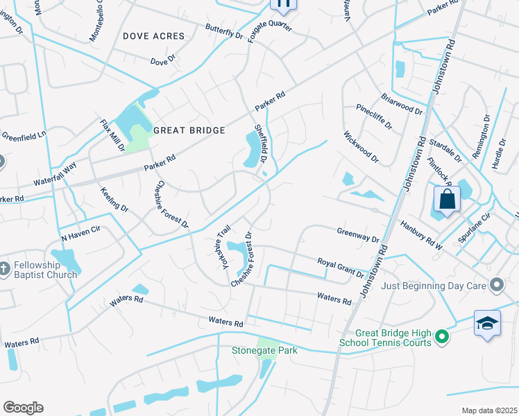 map of restaurants, bars, coffee shops, grocery stores, and more near 707 Yorkshire Trail in Chesapeake