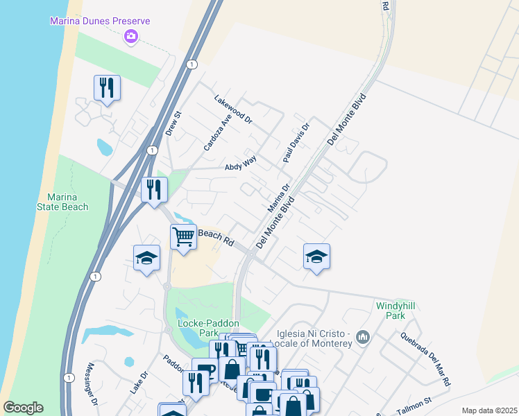 map of restaurants, bars, coffee shops, grocery stores, and more near 194 Leslie Court in Marina