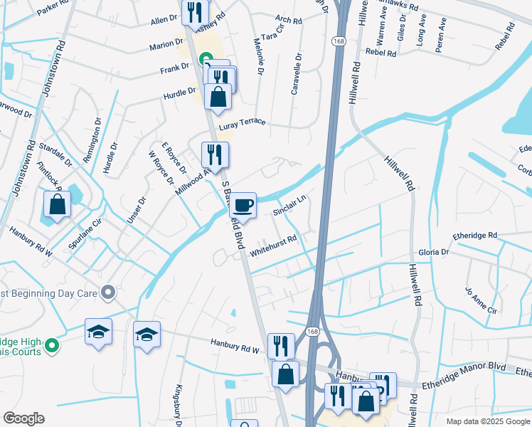 map of restaurants, bars, coffee shops, grocery stores, and more near 104 Sinclair Lane in Chesapeake