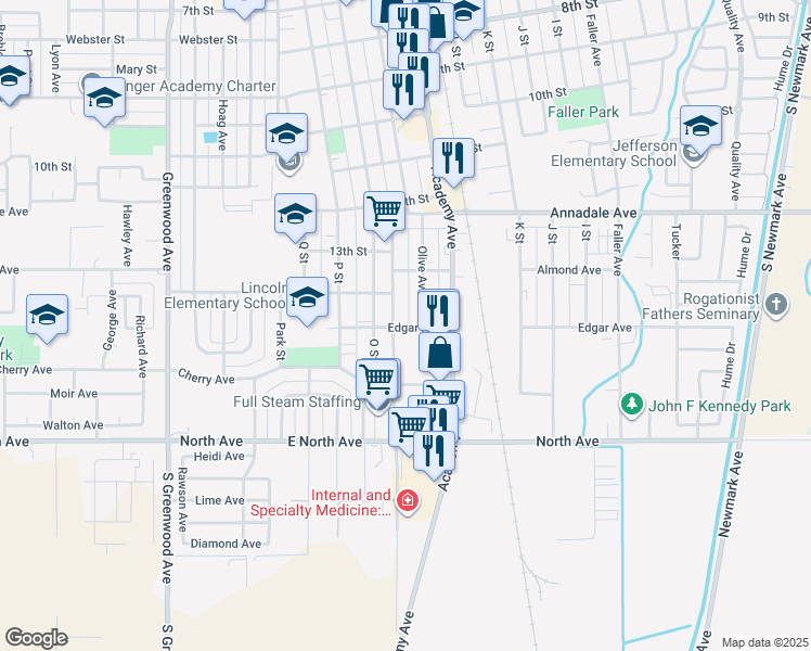 map of restaurants, bars, coffee shops, grocery stores, and more near 1416 Edgar Avenue in Sanger