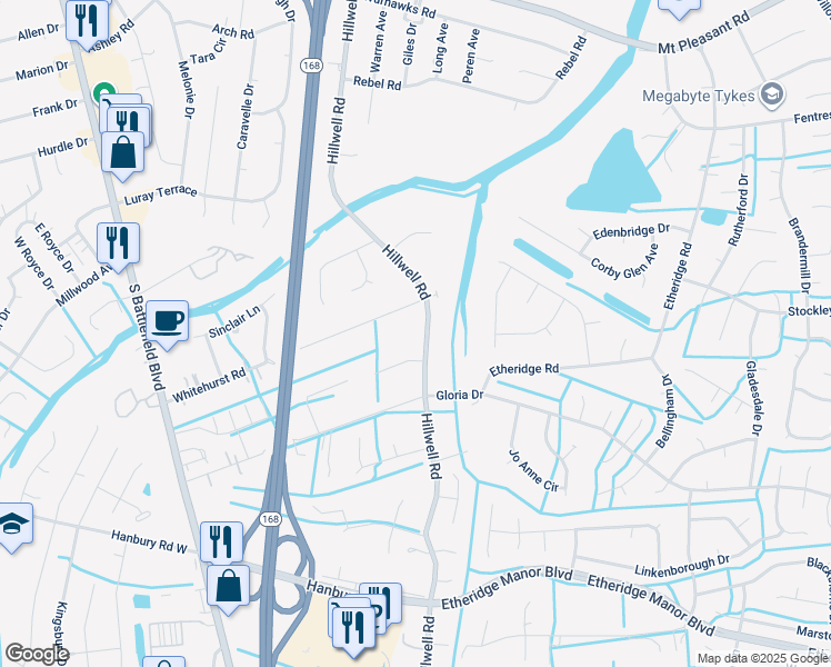 map of restaurants, bars, coffee shops, grocery stores, and more near 804 Hillwell Road in Chesapeake