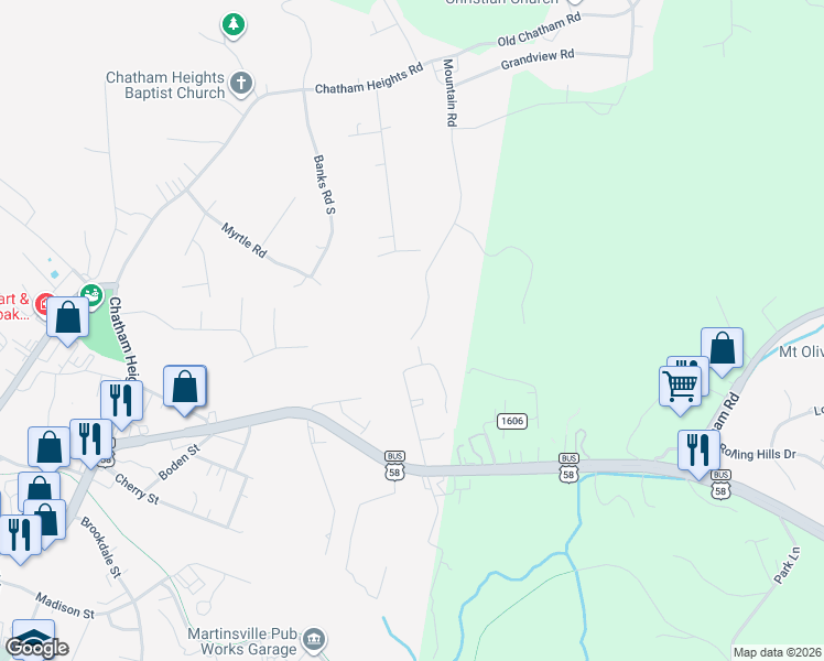map of restaurants, bars, coffee shops, grocery stores, and more near 1502 Mountain Road in Martinsville