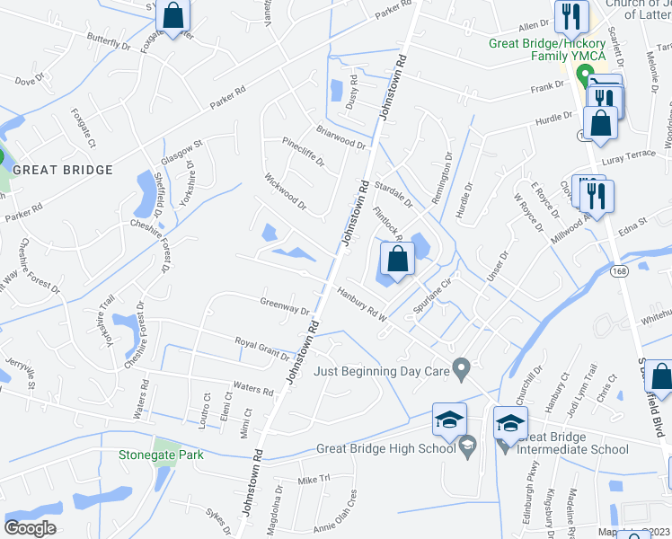 map of restaurants, bars, coffee shops, grocery stores, and more near 877 Johnstown Road in Chesapeake