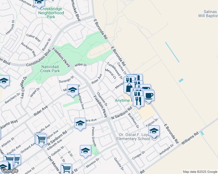 map of restaurants, bars, coffee shops, grocery stores, and more near 1509 Mesquite Drive in Salinas