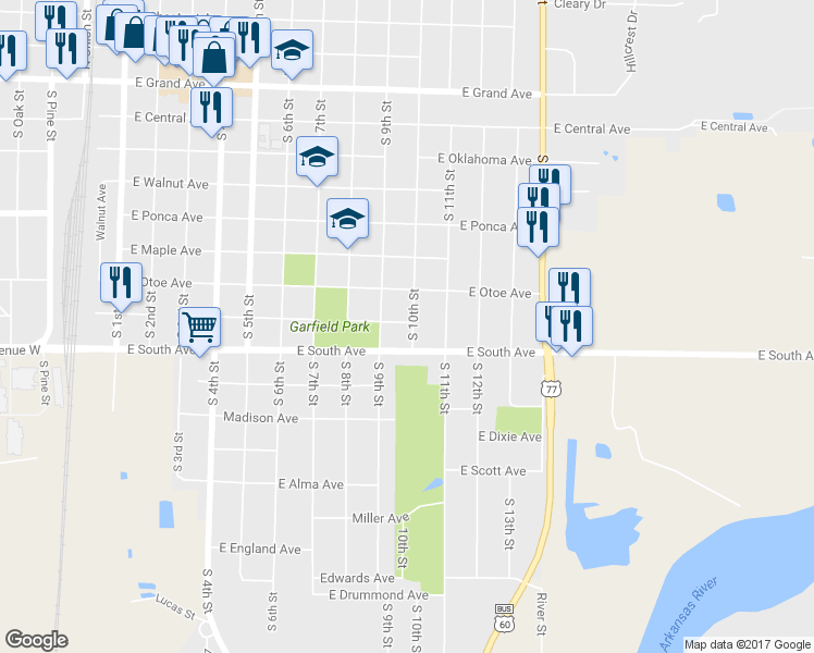 map of restaurants, bars, coffee shops, grocery stores, and more near 800 South 10th Street in Ponca City