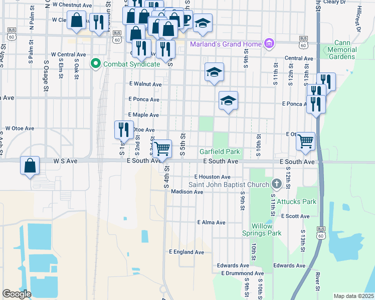 map of restaurants, bars, coffee shops, grocery stores, and more near 805 South 5th Street in Ponca City
