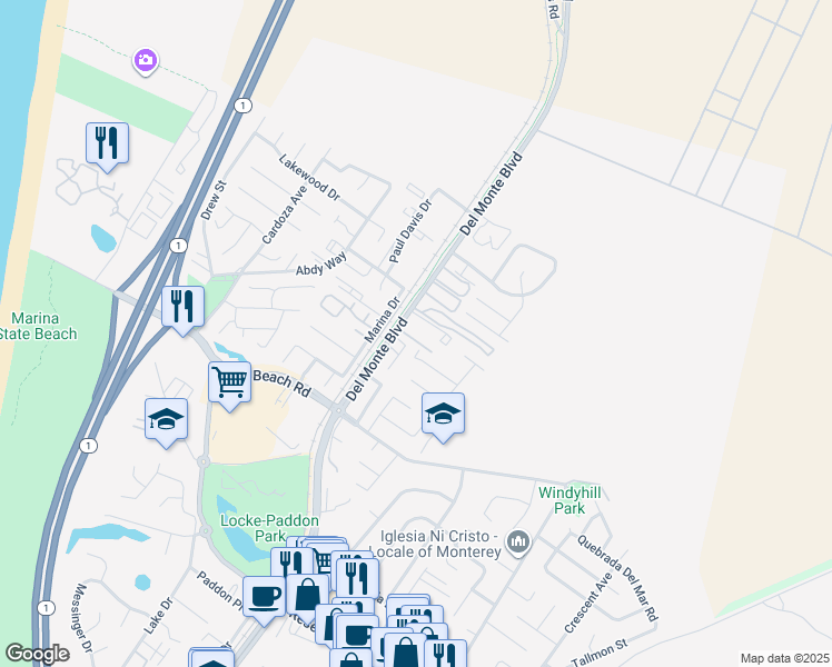 map of restaurants, bars, coffee shops, grocery stores, and more near 3306 Del Monte Boulevard in Marina