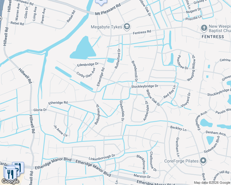 map of restaurants, bars, coffee shops, grocery stores, and more near 813 Shadowood Lane in Chesapeake