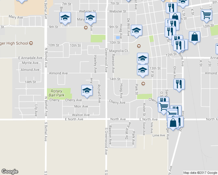 map of restaurants, bars, coffee shops, grocery stores, and more near 1438 Greenwood Avenue in Sanger