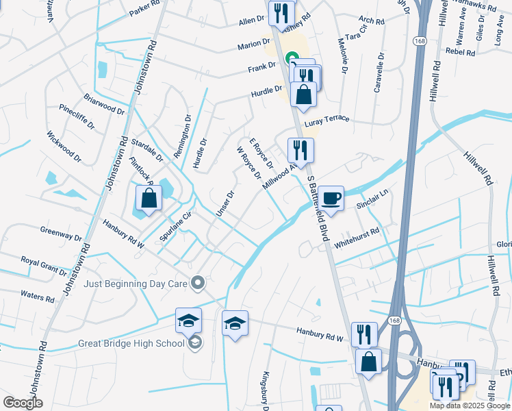 map of restaurants, bars, coffee shops, grocery stores, and more near 228 Millwood Avenue in Chesapeake