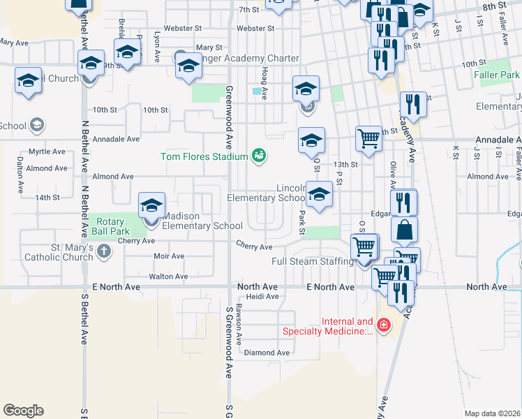 map of restaurants, bars, coffee shops, grocery stores, and more near 1417 Hoag Ave in Sanger
