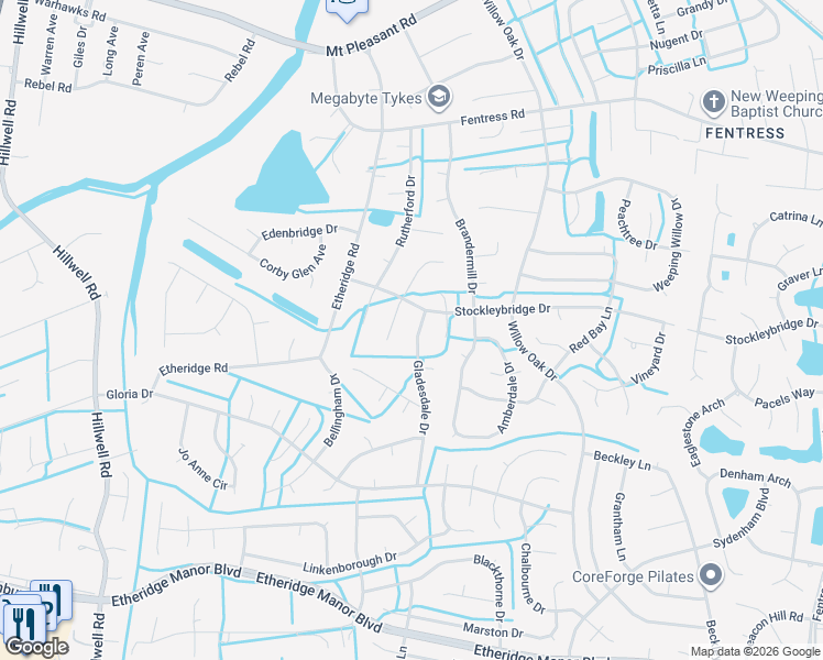map of restaurants, bars, coffee shops, grocery stores, and more near 813 Shadowood Lane in Chesapeake