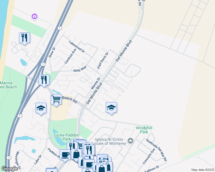 map of restaurants, bars, coffee shops, grocery stores, and more near 3306 Del Monte Boulevard in Marina