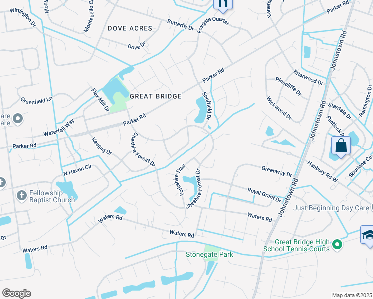 map of restaurants, bars, coffee shops, grocery stores, and more near 517 Ashforth Way in Chesapeake